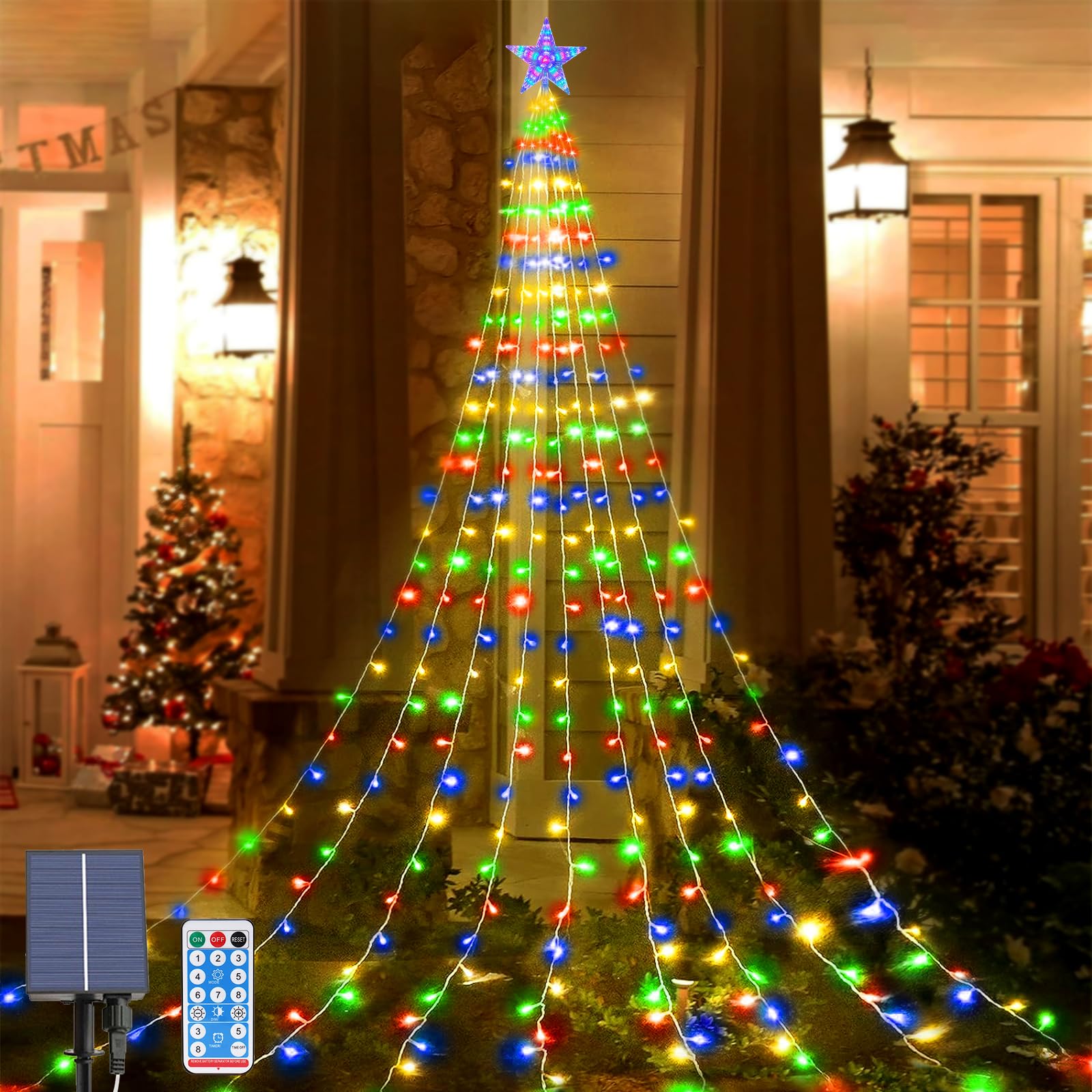 Micacorn Solar String Light Garden Christmas Tree Waterfall Lights 6.6 ft 9 Strand 198 LED Fairy Light Topper Star Light 8 Modes Waterproof Decorations Lights with Remote for Xmas Wedding Party