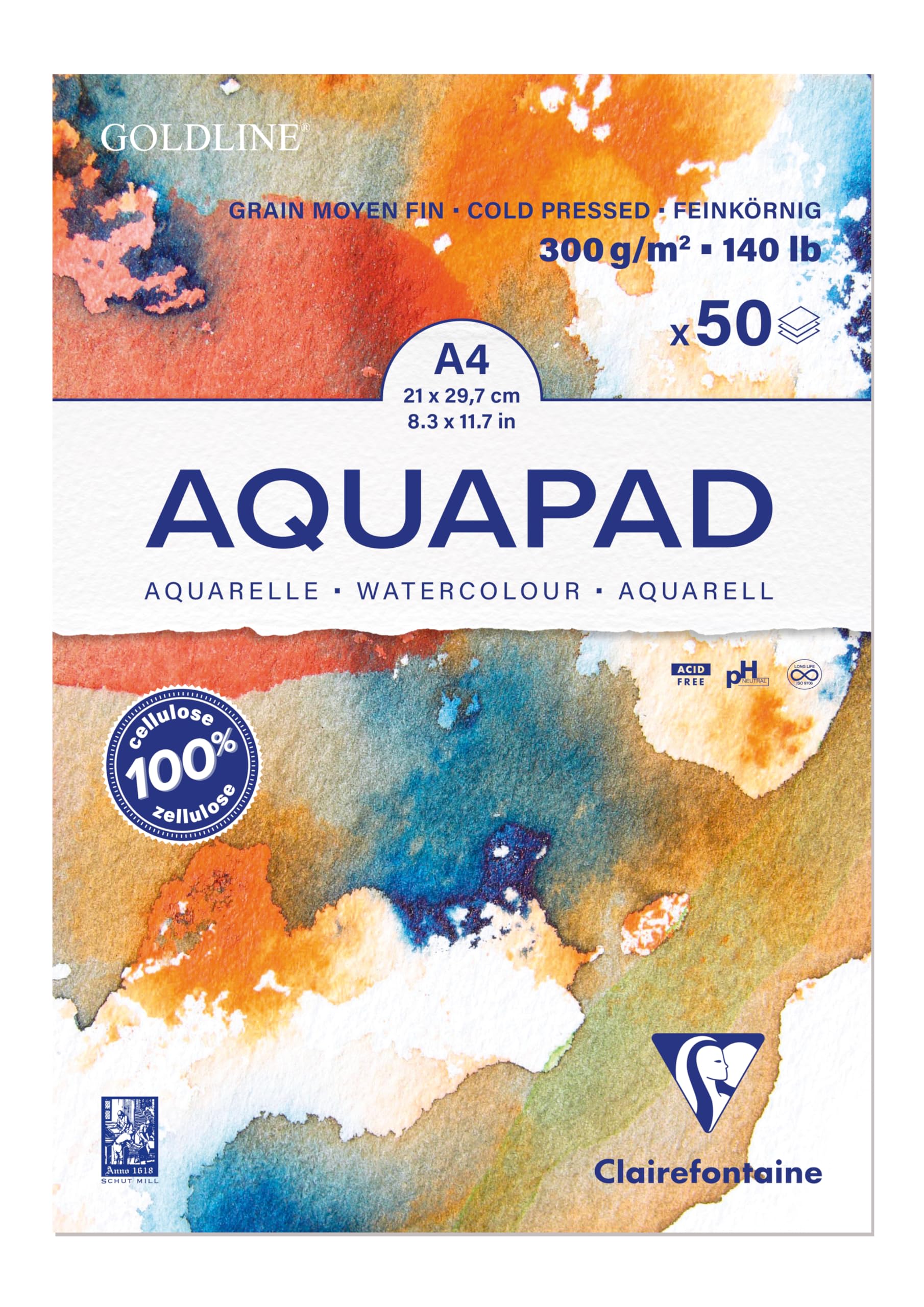 Clairefontaine 975721C Bloc Encollé Goldline Aquapad - 50 Feuilles Papier Aquarelle Blanc Grain Moyen Fin A4 21x29,7 cm 300g - Paquet de 3 blocs