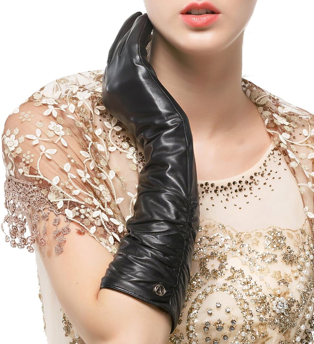 Women's Winter Long Leather Gloves Genuine Nappa Leather Touchscreen Ruched Elbow Party Mittens