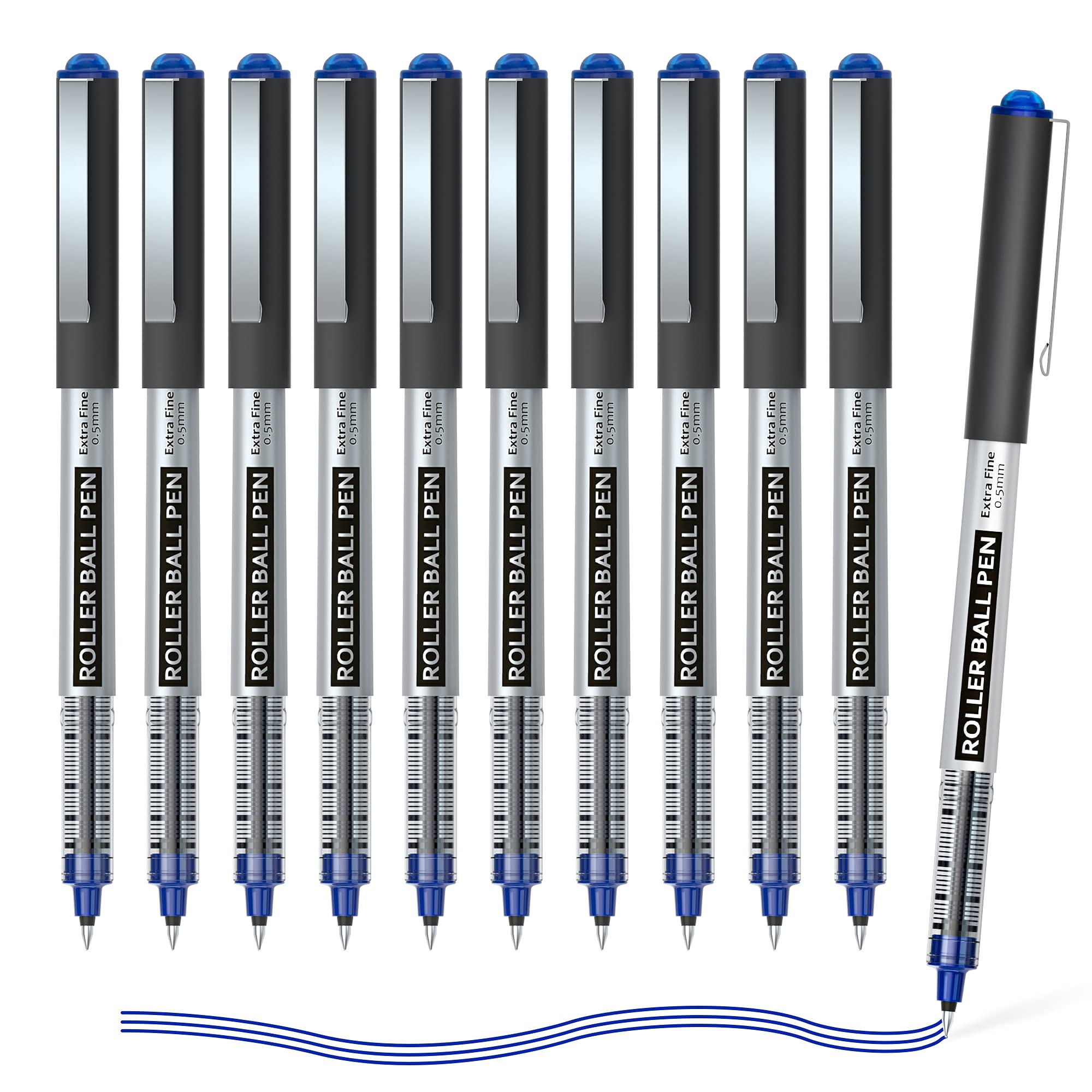 Shuttle Art Rollerball Pens, 10 Pack Blue Liquid Ink Pens, 0.5mm Extra Fine Point, Quick Drying for Writing Journaling Taking Notes School Office