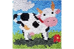 Numptain Latch Hook Kits for Kids,DIY Rug Crafts Cow Pattern Color Printed Canvas,Latch Hook Kits for Beginners Handmade Needlework Crafts Home Decoration,12"x12"NT2