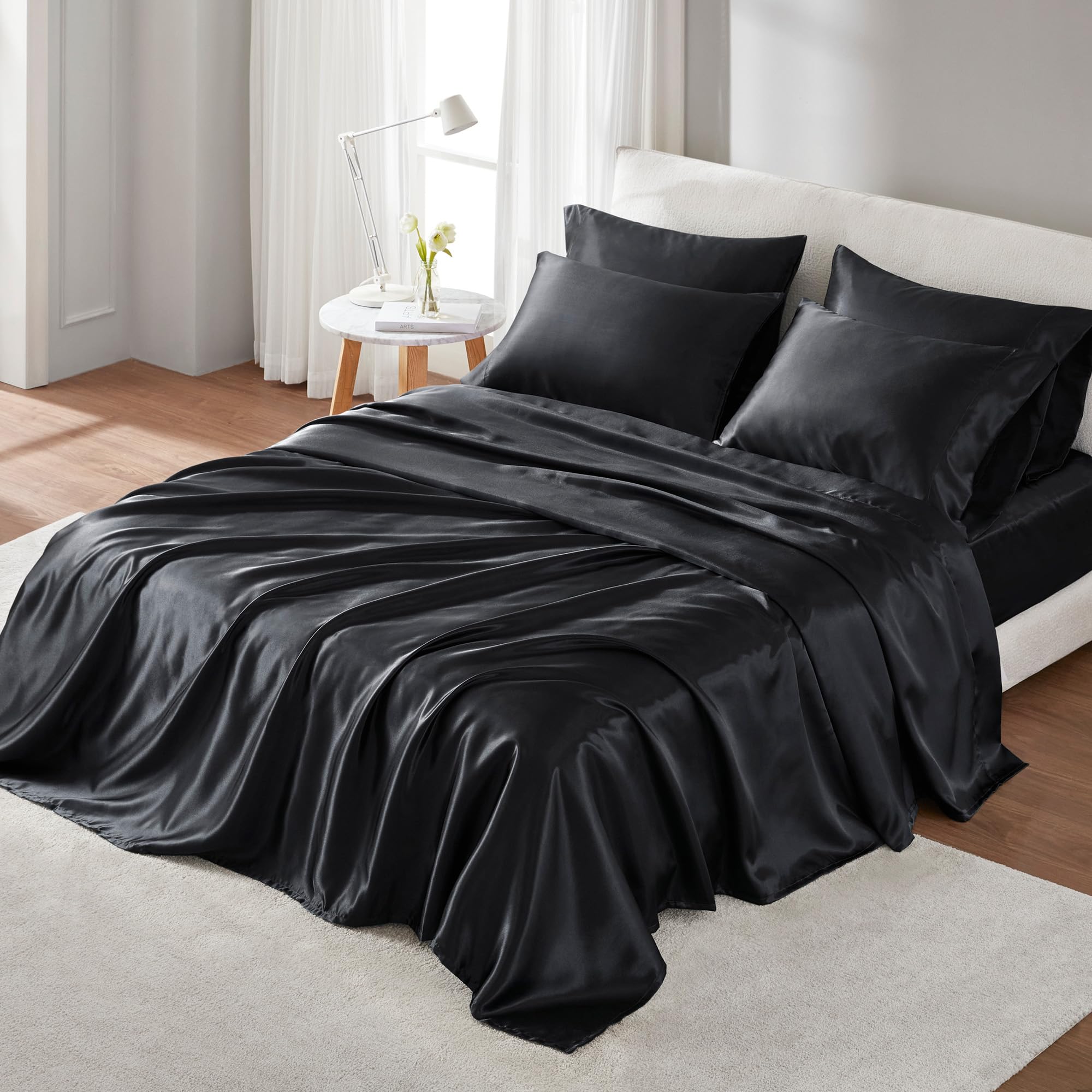 Madison Park Essentials Satin Sheet Set Luxury and Silky with Natural Sheen, Premium 16" Deep Pocket, All Around Elastic - Year-Round Bedding, King, Black, 6 Piece — image 1