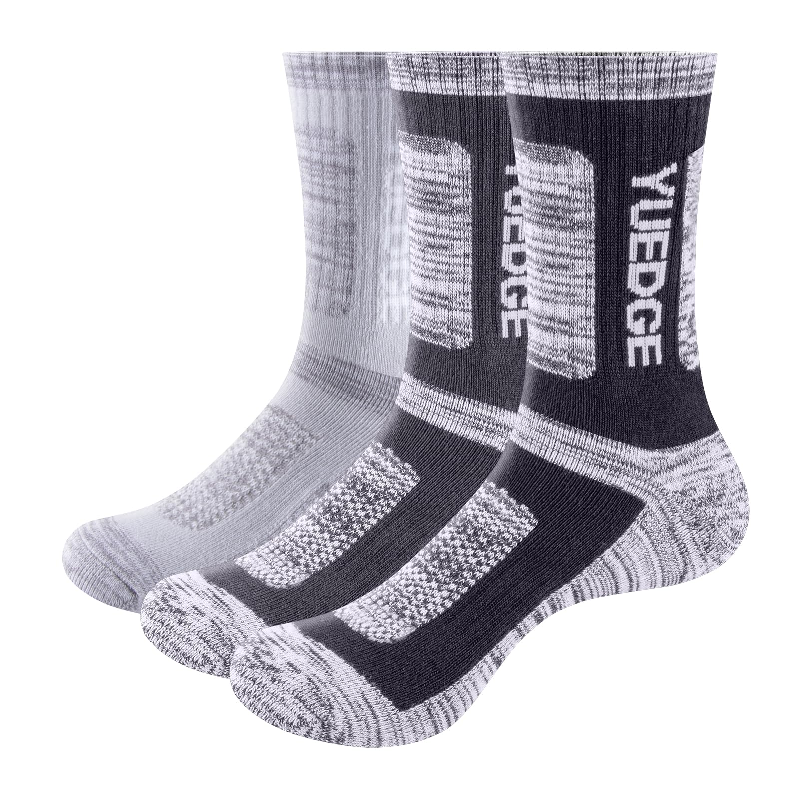 YUEDGE Mens Outdoor Hiking Walking Socks Cushioned Sports Socks For Men 5-8, Breathable Wicking Anti-Odor Work Sock Padded Mid Calf Safety Welly Boot Sock, 3 Pairs