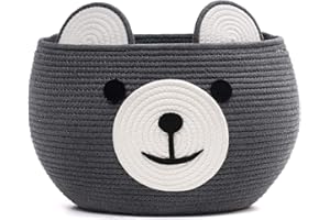 CherryNow Baby Cute Storage Basket for Organizing, Medium Toy Basket Empty Gift Basket with Handles, Woven Rope Bear Basket for Kids， Grey, 15.7" D x 10.5" H