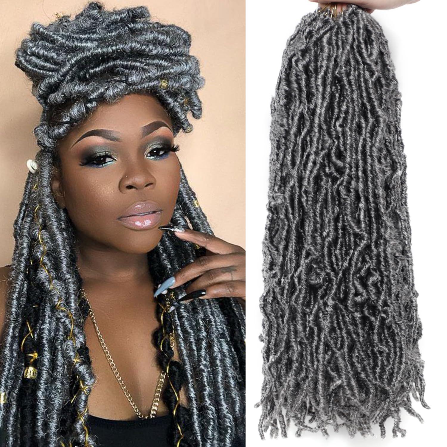 Photo 1 of 18 Inch Pre-twisted Faux Locs Crochet Hair 6 Packs Soft Locs Crochet Hair Gray Crochet Hair for Black Women Crochet Braids Hair Extensions (18Inch, 6Packs, Gray)