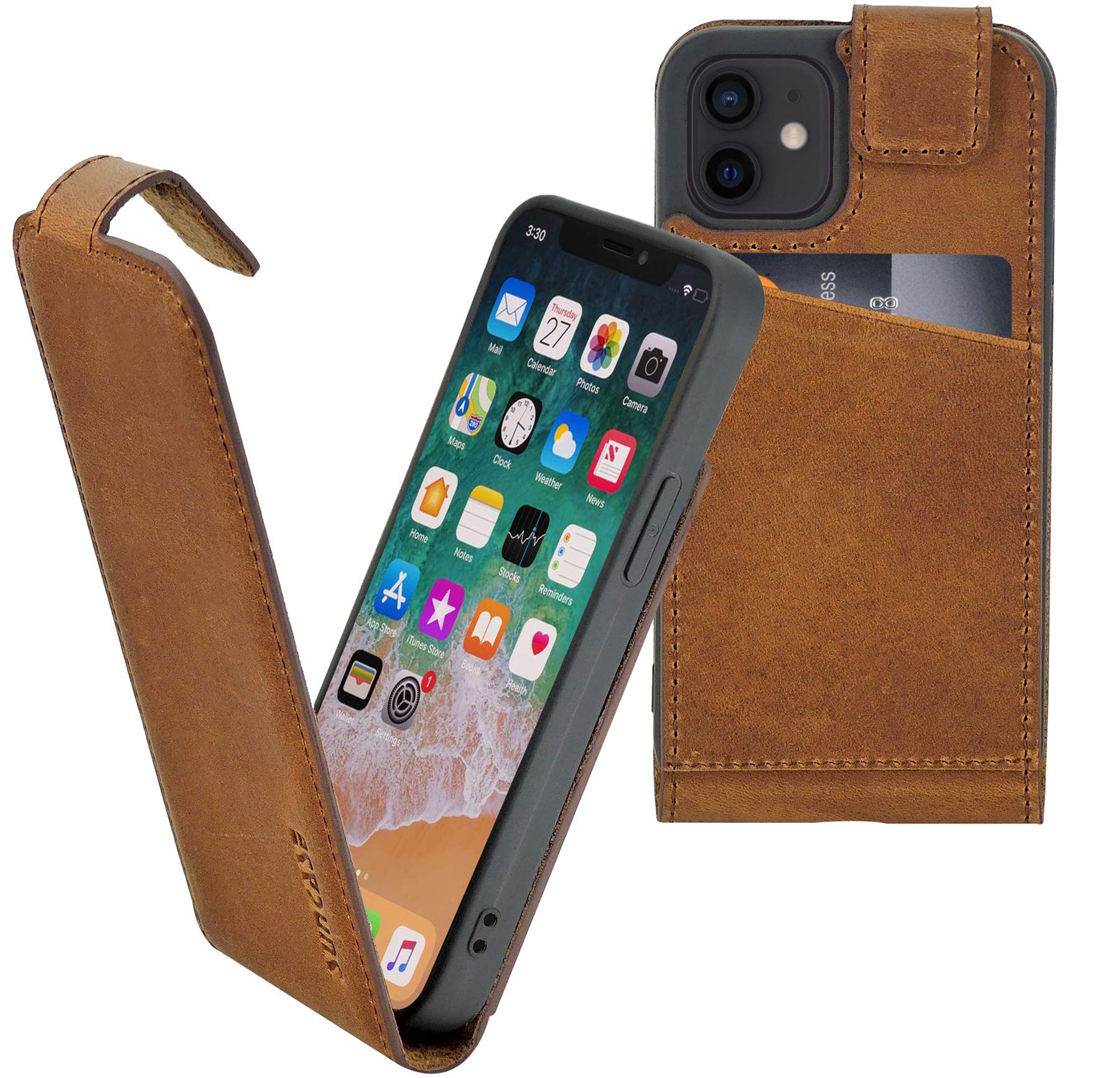 Original Flip-Style (Ultra-Slim) compatible with iPhone 12 Mini (5.4") case leather case bag protective case cover in antique coffee