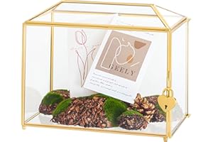 10.2"Gold Glass Card Box with Lock - Geometric Brass Frame Card Box for Reception, Wedding Graduation, Party and Keepsake Dis