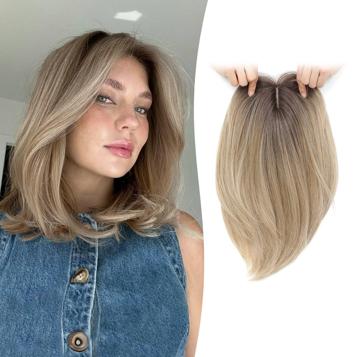 Photo 1 of Megito Hair Topper 12inch Clip in Synthetic Hair Toppers for Women with Thinning Hair Lightweight and Breathable 6.5"X6.5" Big Base Toppers Hair Pieces for Women Daily Wear Ombre Blonde with Dark Root