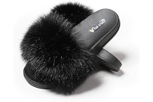 FUR STORY Women's Furry Slides Faux Fur Slides Fuzzy Slippers Fluffy Sandals Outdoor Indoor