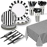 GQIRIL Striped Plates Party Supplies - 169PCS Black White Stripe Paper Plates Napkins Knives Spoon Fork Tablecloth Set, Disposable Tableware for Birthday Carnival Halloween BBQ Dinner, Serve 24 Guests