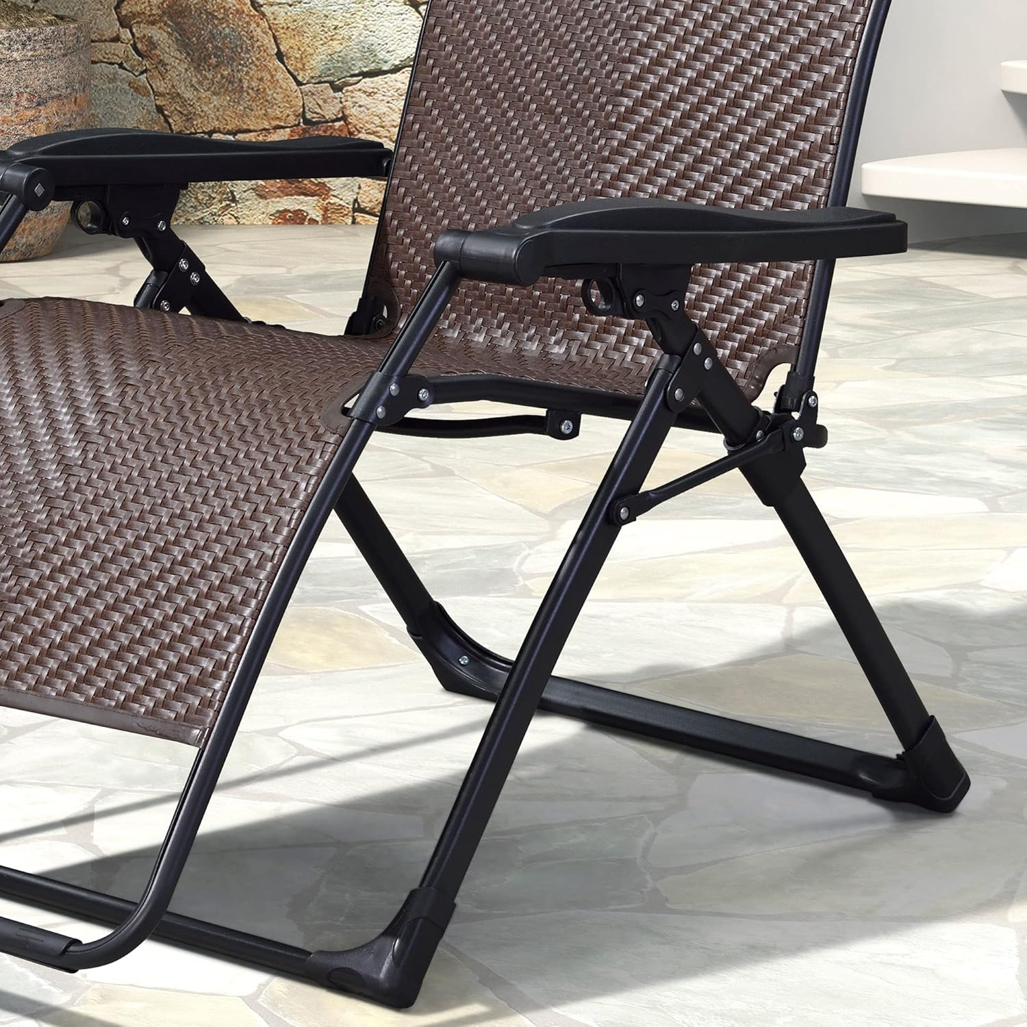 Lounge Chair Patio Folding Wicker Zero Gravity Recliner Chairs Indoor Living Room Lawn Camping Pool Lounger for Beach Sun Bathing Tanning Deck Outside Rattan Reclining Chair, Bronze: Kitchen & Dining