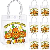 Epakh 24 Pcs Halloween Clear Gift Bags with Handles PVC Halloween Christian Pumpkin Treat Bags Reusable Goodie Handbags for Trick or Treat Party Favor Gifts Church Religious Fall Autumn Supplies