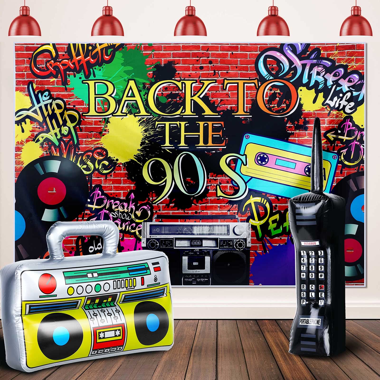 80s 90s Party Supplies Set Include 16.5 x 10.6 Inch Inflatable Radio Boom Box 5 x 3 Feet Aerated Graffiti Backdrop 26 x 6 Inch Inflatable Mobile Phone for Cosplay Prop Hip Hop Party (Stylish Style)