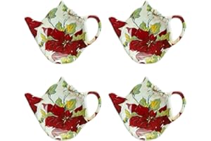 Grace Teaware Poinsettia Floral Set of 4 Tea Bag Caddy Holders, 4.5-Inch, Red