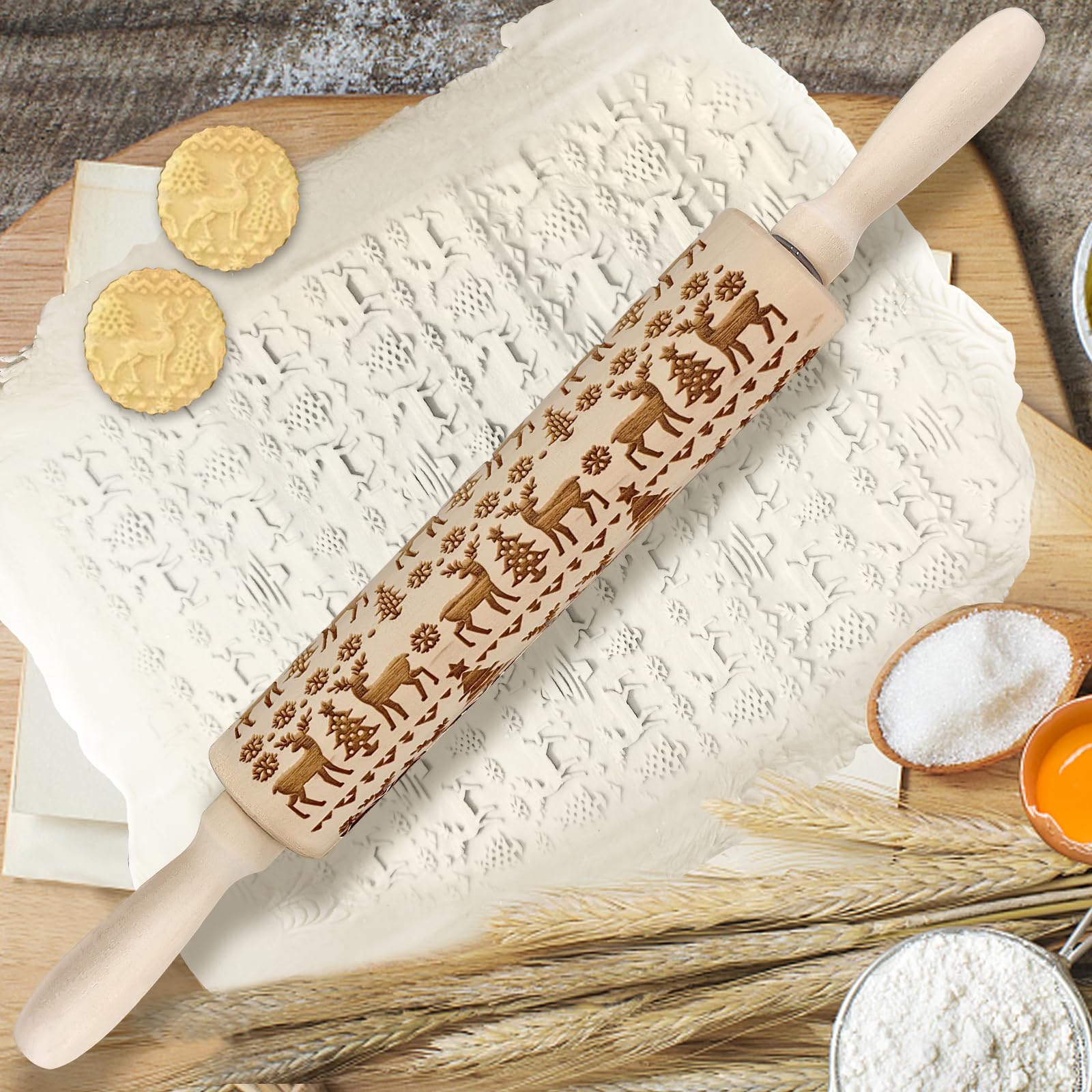 Embossed Wooden Rolling Pin, 3D Engraved Snowflake Elk Laser Engraved DIY Tool for Kids and Adults to Make Cookie Dough Crusts Pies Pastry