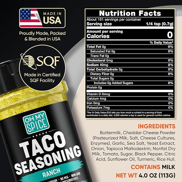 TACO SEASONING MIX RANCH SEASONING POWDER – GLUTEN FREE & LOW SODIUM MEXICAN SEASONINGS BLEND FOR TACO TUESDAY NIGHT. RANCH DRESSING POWDER FOR FAJITA & BURRITO. STREET TACOS SPICES TOPPINGS. 4OZ