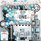Fiesec Fast One Birthday Decorations for Boys, 1st Birthday Decorations Boy, Vintage Car Themed Backdrop Balloon Banner Boxes Crown Poster for Retro Blue First Party Supplies