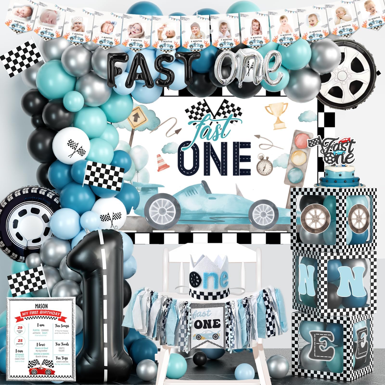 Photo 1 of Fiesec Fast One Birthday Decorations for Boys, 1st Birthday Decorations Boy, Vintage Car Themed Backdrop Balloon Banner Boxes Crown Poster for Retro Blue First Party Supplies