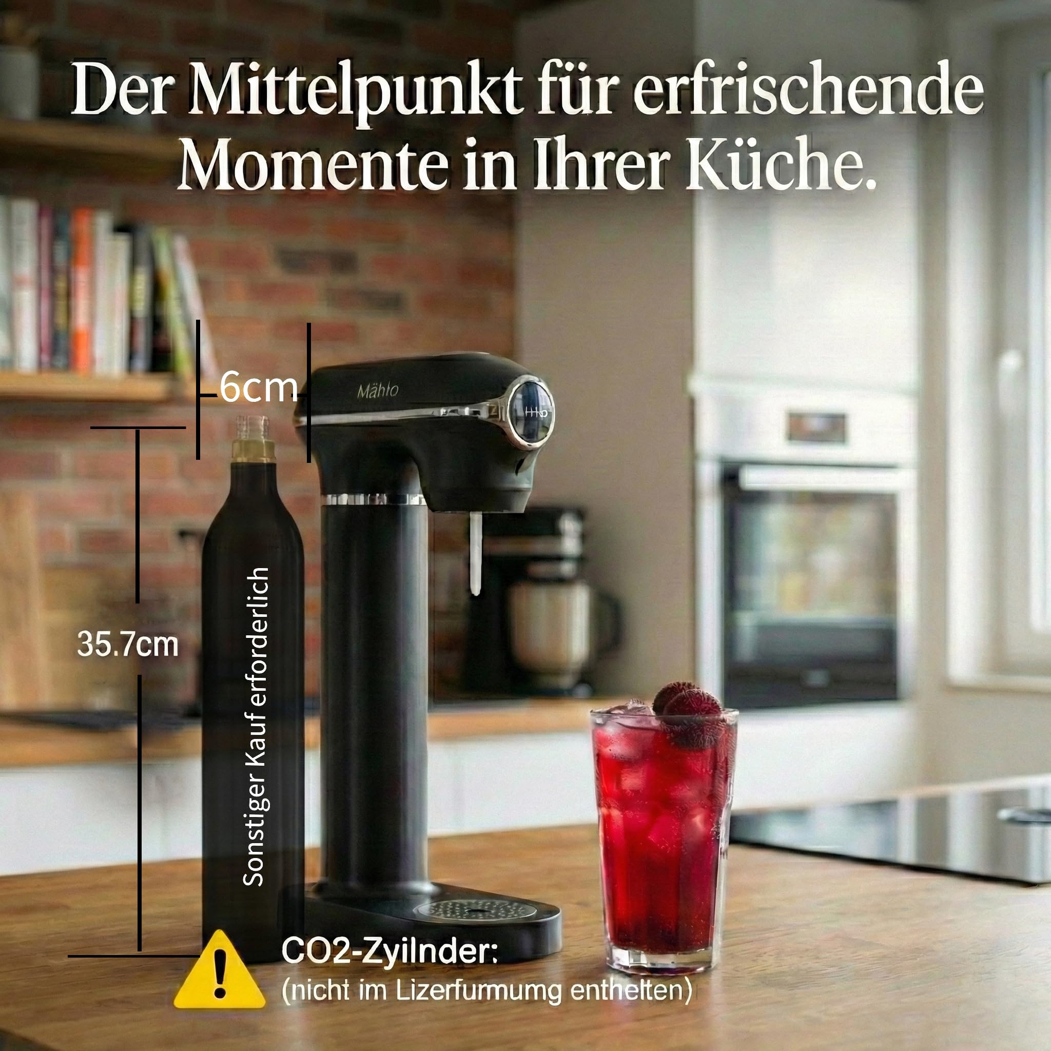 MäMo Wassersprudler Soda Maker mit Manometer - Carbonator für Sprudelwasser inkl. 1L und 0.5L BPA-freien PET-Flaschen - Automatische Druckregulierung, Ein-Knopf-Bedienung, ohne Strom, Schwarz 3