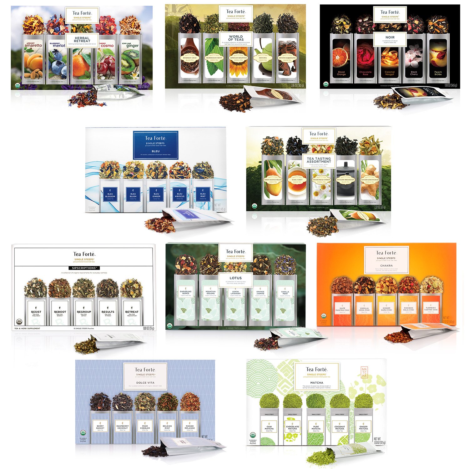 Tea Forte Organic Classic Tea Sampler, Single Steeps Loose Leaf Tea Gift Box Variety Pack of 15 Single Serve Pouches with Green Tea, Herbal Tea and Black Tea : Grocery Tea Sampler : Grocery & Gourmet Food