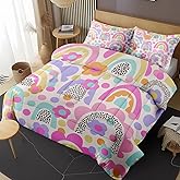 Nesphy Rainbow Daisy Flower Queen Comforter Set, Floral Retro Bedding Set 3 Piece, All Season Soft Toddlers Children Adults Bedroom Bed Decoration Comforter and 2 Pillow Shams