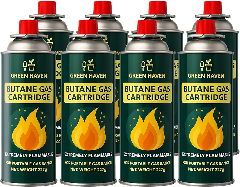Green Haven 8 Pack EN417 Butane Cartridges for Camping Stoves BBQs