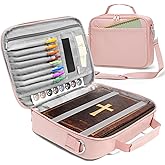 SUNEE Bible Cover for Women, Large Bible Bag w/Shoulder Strap Carrying Book Case w/Pen Slots and Zippered Pocket, Gift for Women & Men, Pink