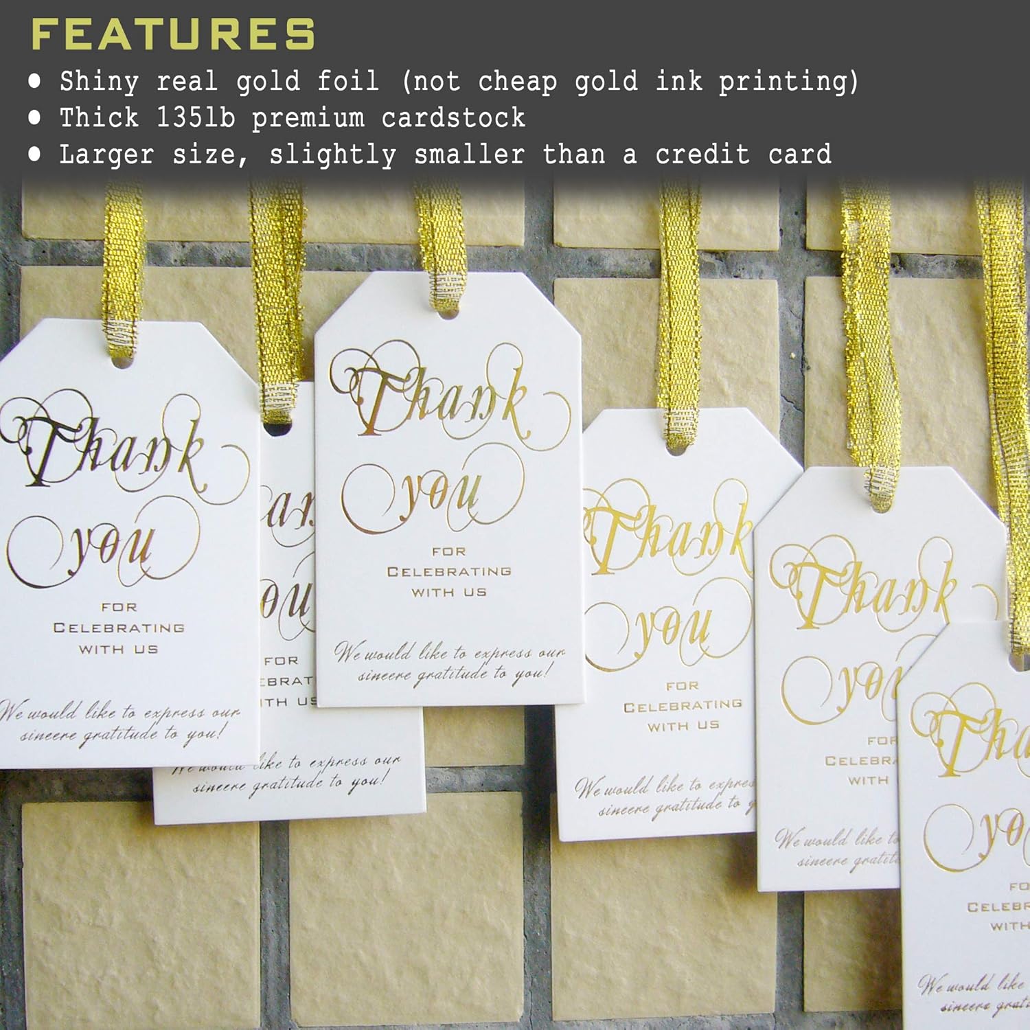 50 Shiny Gold Foil Gift Tags with Gold Ribbon, 350gsm Thick Thank You Tags for Wedding Favors, Gift Bags, Party Favors, Birthday, Bridal Shower, Baby Shower Girl, Graduation, Presents, Wine Bottle : Office Products