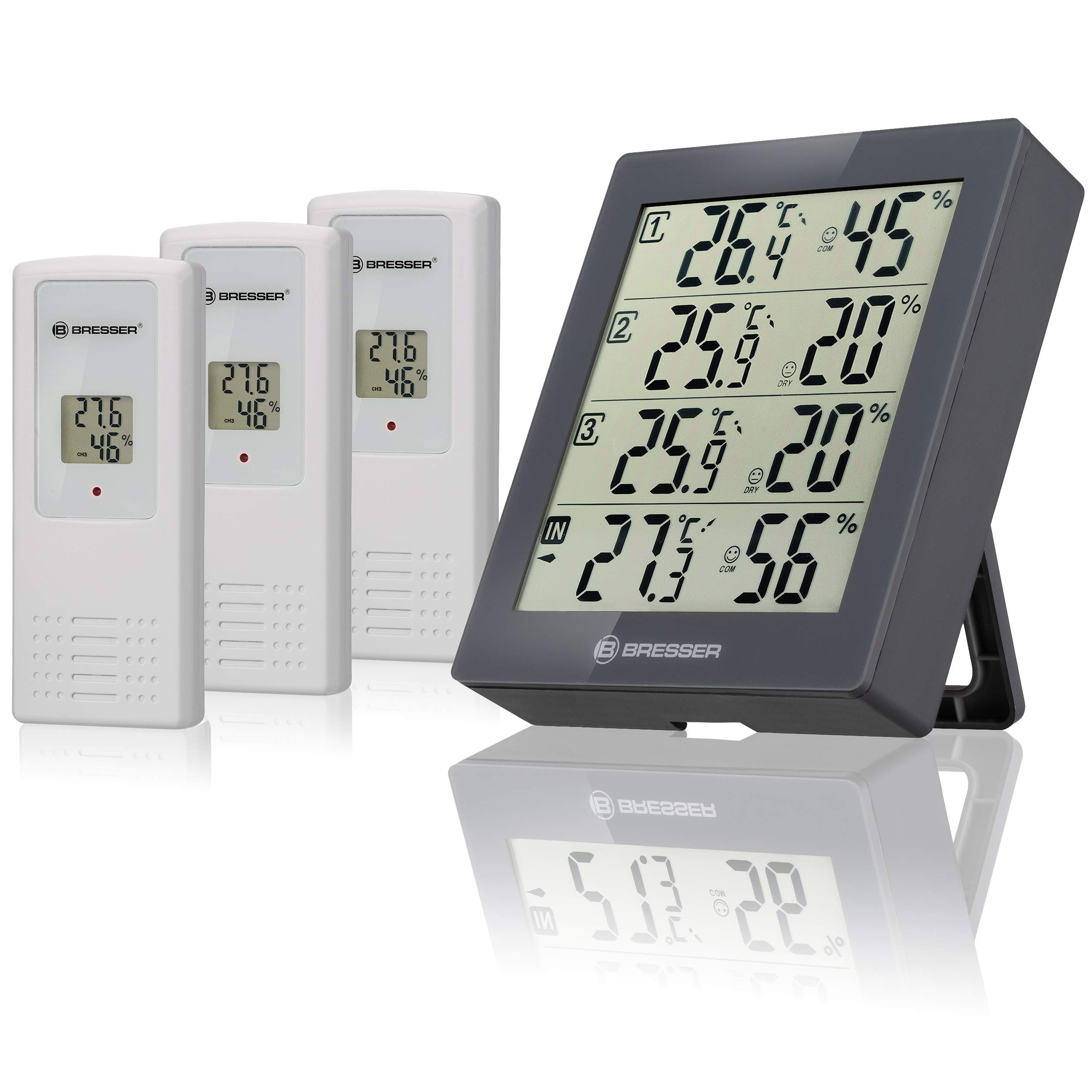 Bresser Temeo Hygro Quadro Wireless Weather Station with Outdoor Sensor, Includes 3 Outdoor Sensors to Measure and Control Temperature and Humidity Simultaneously in 4 Environments, Grey