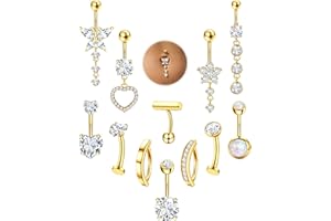 MILACOLATO 12 Pcs Gold Belly Button Ring Dangle Hypoallergenic Surgical Stainless Steel Belly Rings for Women CZ Pearl Heart 