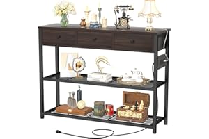 Ecoprsio 47'' Entryway Table with Outlets and USB Ports, Console Table with 3 Drawers, Sofa Table Narrow Long with Storage Shelves for Living Room, Couch, Hallway, Foyer, Black Walnut Finish