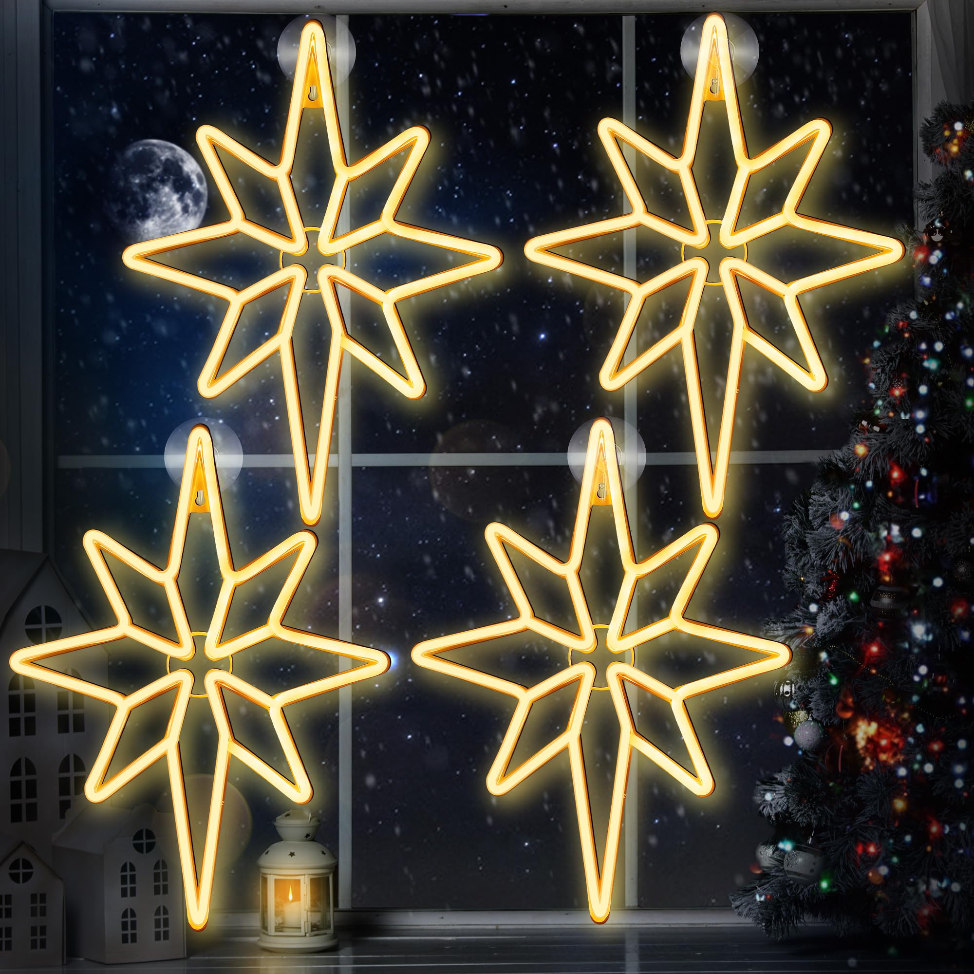 Photo 1 of Enhon 4 Pack 16 Inch Bethlehem Star Window, Christmas Star, Nativity Lighted Outdoor, USB Powered or Battery Operated Bethlehem Christmas Neon Light for Window Bedroom Indoor Decor (Warm White)
