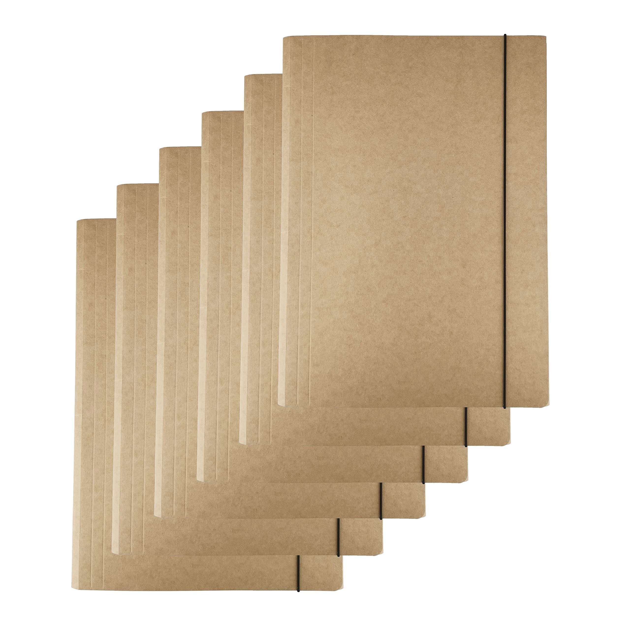 D.RECT - Pack of 6 Kraft Cardboard Document Folders with Corner Tensioner and Elastic Band - Organiser and Drawing Folder - 300g