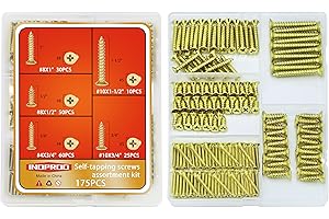 INDPROD Brass Plated Wood Screw Assortment Kit, Phillips Flat Head Drywall Screws, #4#8#10 Self Tapping Wood Screws, Interior Construction Screws, Carbon Steel, for Indoor & Outdoor Use, 175 Pcs