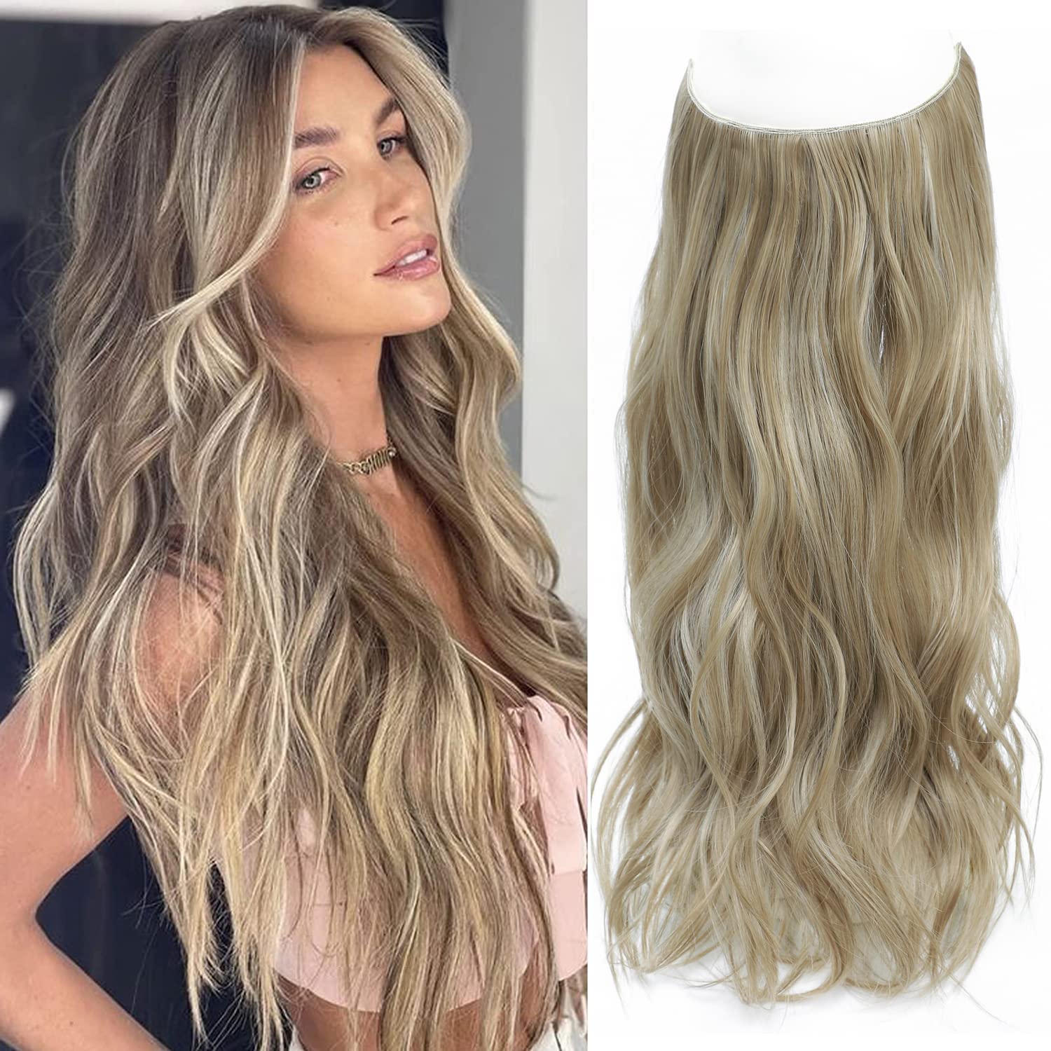 Secret Invisible Wire Hair Extensions, 20 Inch Mix Ash Blonde Wavy Synthetic Hair Pieces for Women Daily Party Wedding Use — image 1