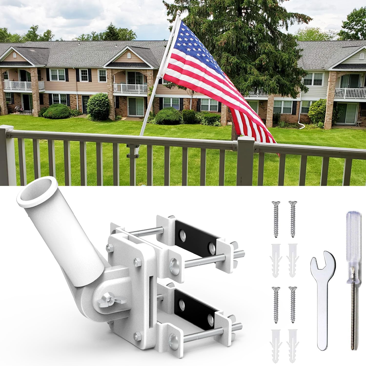 Flagpole Hardware - YAARHEJ No Drill Flag Pole Holder for Railing,Flag Pole Mount for Porch & Fence Rail, Apartment Balcony,Square or Round Railing-Two Installation Methods-with Silicone Pads,for 1” flagpole (White)