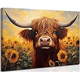 SXHANJXT Highland Cattle Canvas Wall Art 12x16in | Cute Scottish Cow and Sunflowers Picture Wall Decor Poster Print Artwork for Farmhouse Lhing Room Home Decoration