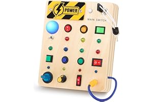 Hikoshi Toddler Busy Board Montessori Switch Toy - Travel Sensory Wooden Baby Busy Board with 13 Led Light Buttons, Busy Board for Toddler 1 2 3 4 5 Year Old