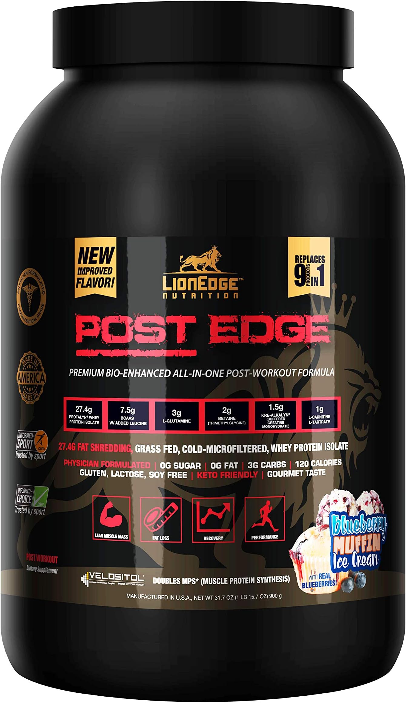 LionEdge Nutrition - Post Edge Bioavailable Post Workout 9-in-1 Protein Powder | Blueberry Muffin Ice Cream Flavor | 20 Servings, 45g | NO Proprietary Blends | Keto Friendly | Sugar Free