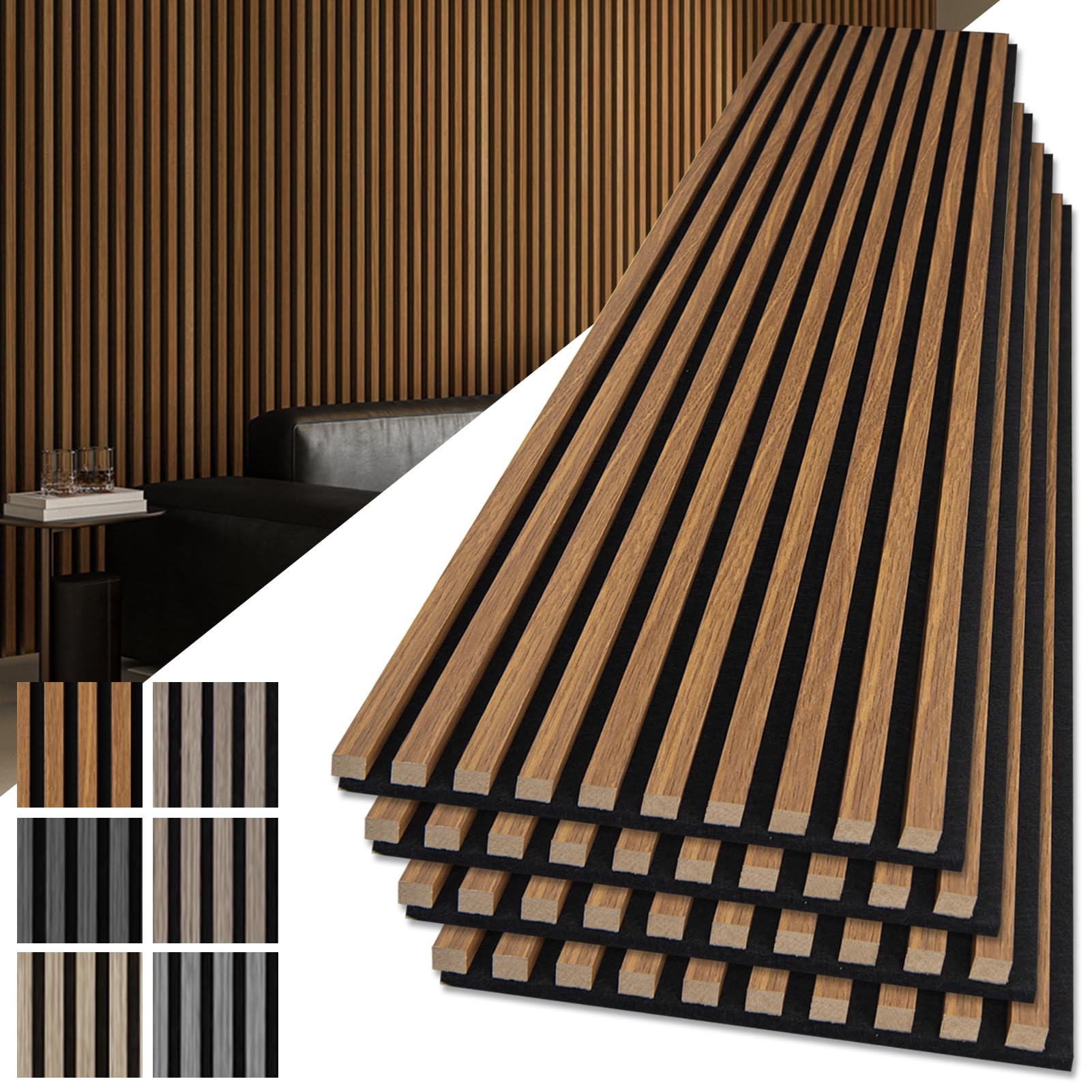 Photo 1 of Art3d 4-Pack 108" x 12" Acoustic Wood Panels for Wall, Soundproof Wood Slat Panel for Wall and Ceiling, 3D Fluted Sound Absorbing Paneling for Interior Wall Decor, Living Room, Bedroom - Teak