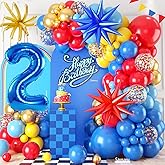 Red Yellow Blue Balloon Garland Arch Kit with Navy Blue 40 Inch Number 2 Balloon, 2nd Birthday Decorations for Boy with Star Foil Balloons for 2 Year Old Theme Party Baby Shower Graduation
