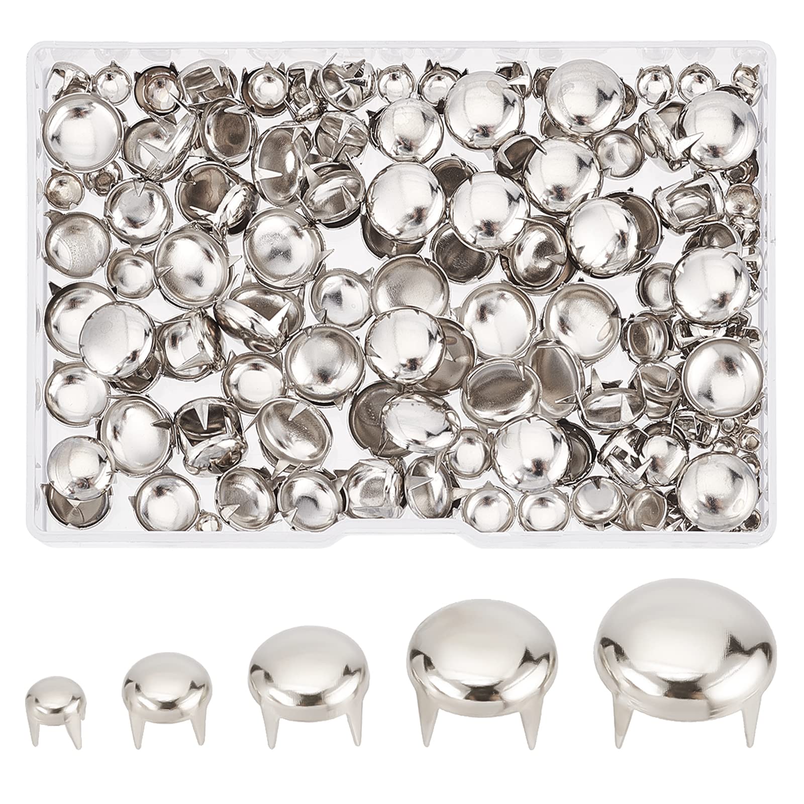 GORGECRAFT 5 Sizes 200Pcs Claw Rivet Nailheads Spots Stud Round Dome Studs Metal Mushroom Head Spike Prong Nail for DIY Leather Craft Fabric Clothes Denim Stylish Assorted Photo Repair(Sliver)