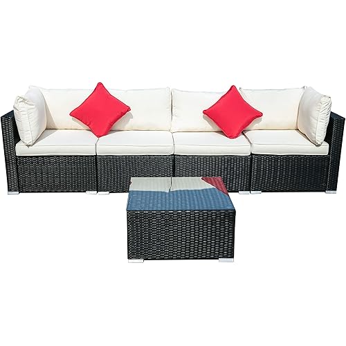 Diophros 5 Pieces Patio Furniture Sets, Outdoor All-Weather Sectional Sofa, Weaving Wicker Rattan Patio Conversation Set with Cushions & Glass Coffee Table (White)