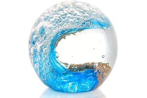 ARIKYRIST Glass Ocean Waves Ball Paperweight, Hand Blown with Blue, Gold & White Bubble Decoration for Home and Office