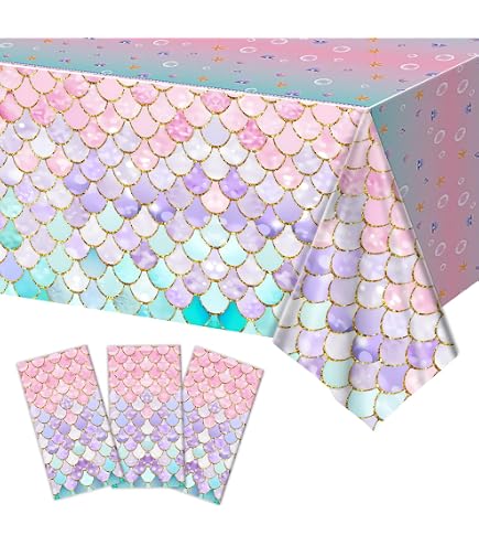 Lot de 4 nappes rectangulaires en forme de sirène - Motif écailles de poisson et océan - Pour filles - 130 x 218 cm