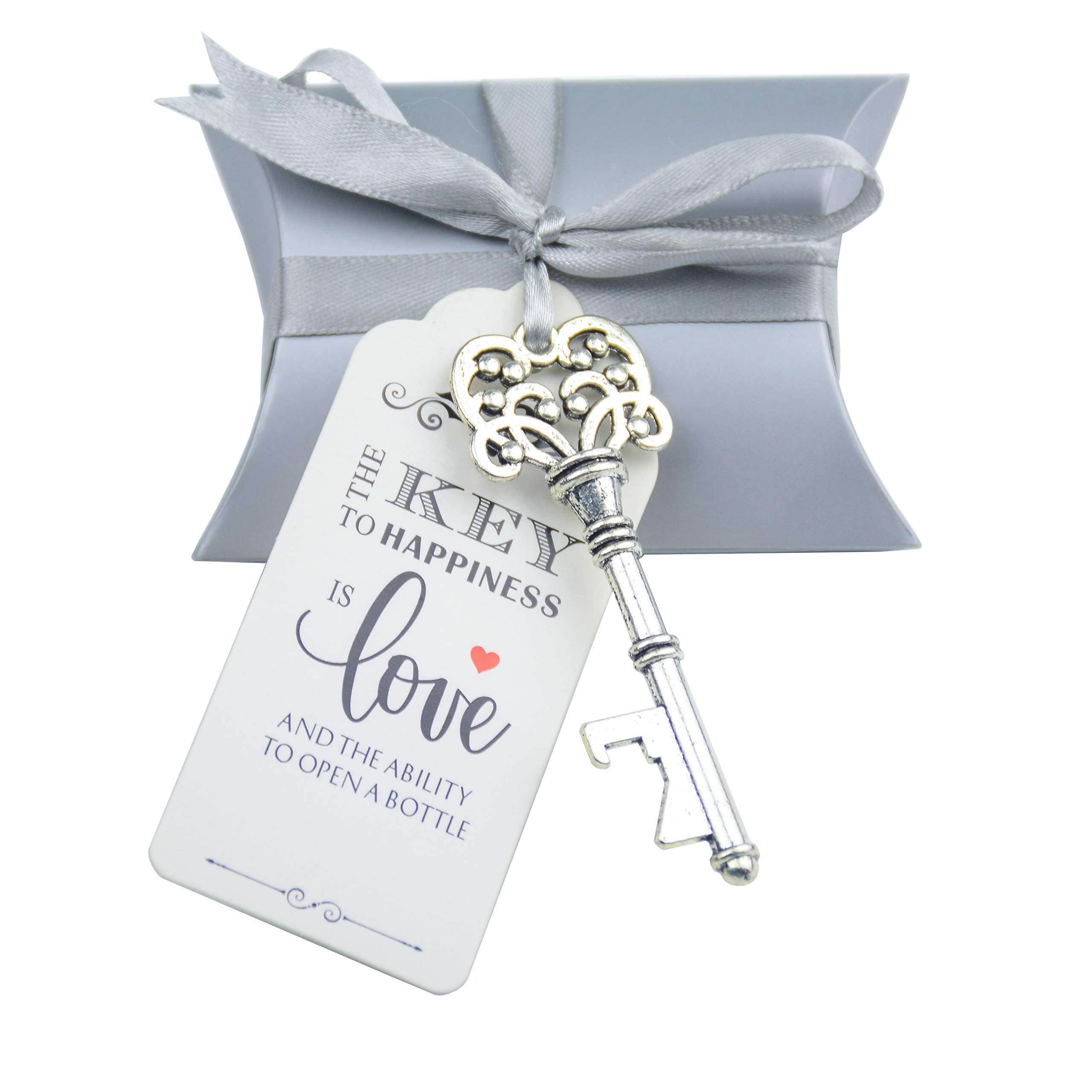 Makhry 50pcs Wedding Favours for Guests Key Bottle Openers Gift Set with Candy Box Gift Tag Silky Ribbon(Antique Silver)