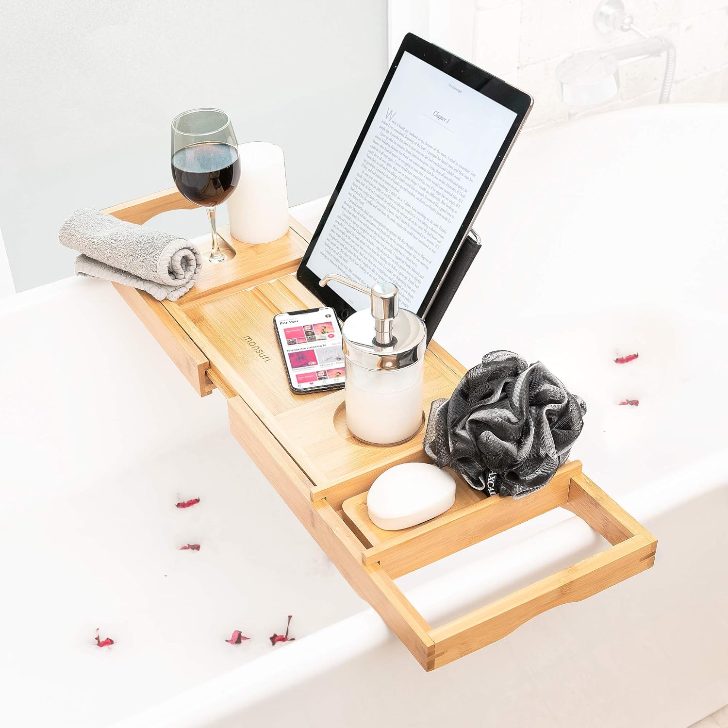 Bathtub Tray with Book Holder for Reading Extendable Bath Caddy Wine