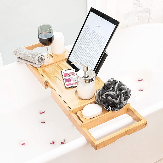 Bathtub Tray with Book Holder for Reading Extendable Bath Caddy Wine