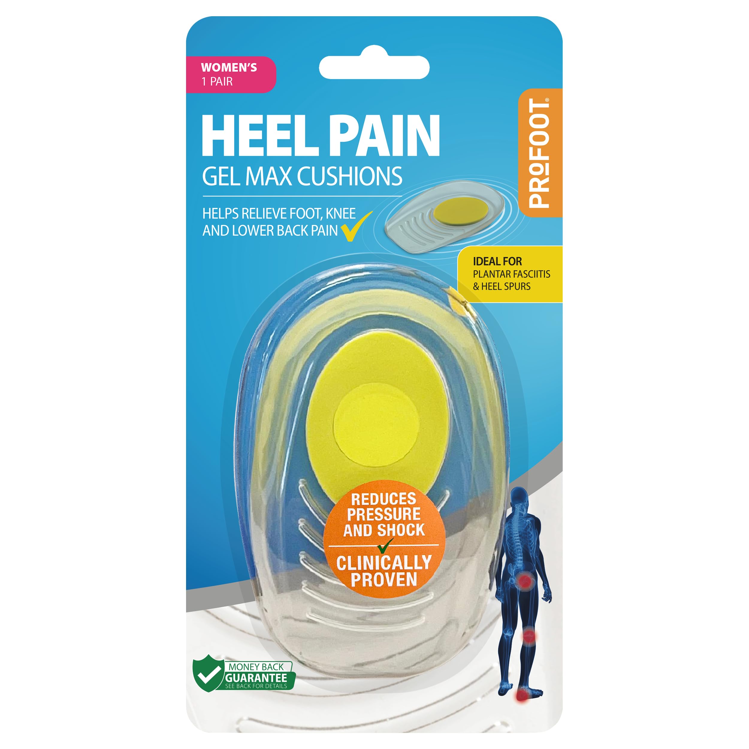 Profoot Gel Max Cushions for Heel Pain - Women's Heel Cushions - Gel Pad Cushions Ideal for Heel Spur, Plantar Fasciitis, Knee & Back Pain - Reduces Pressure and Absorbs Shock