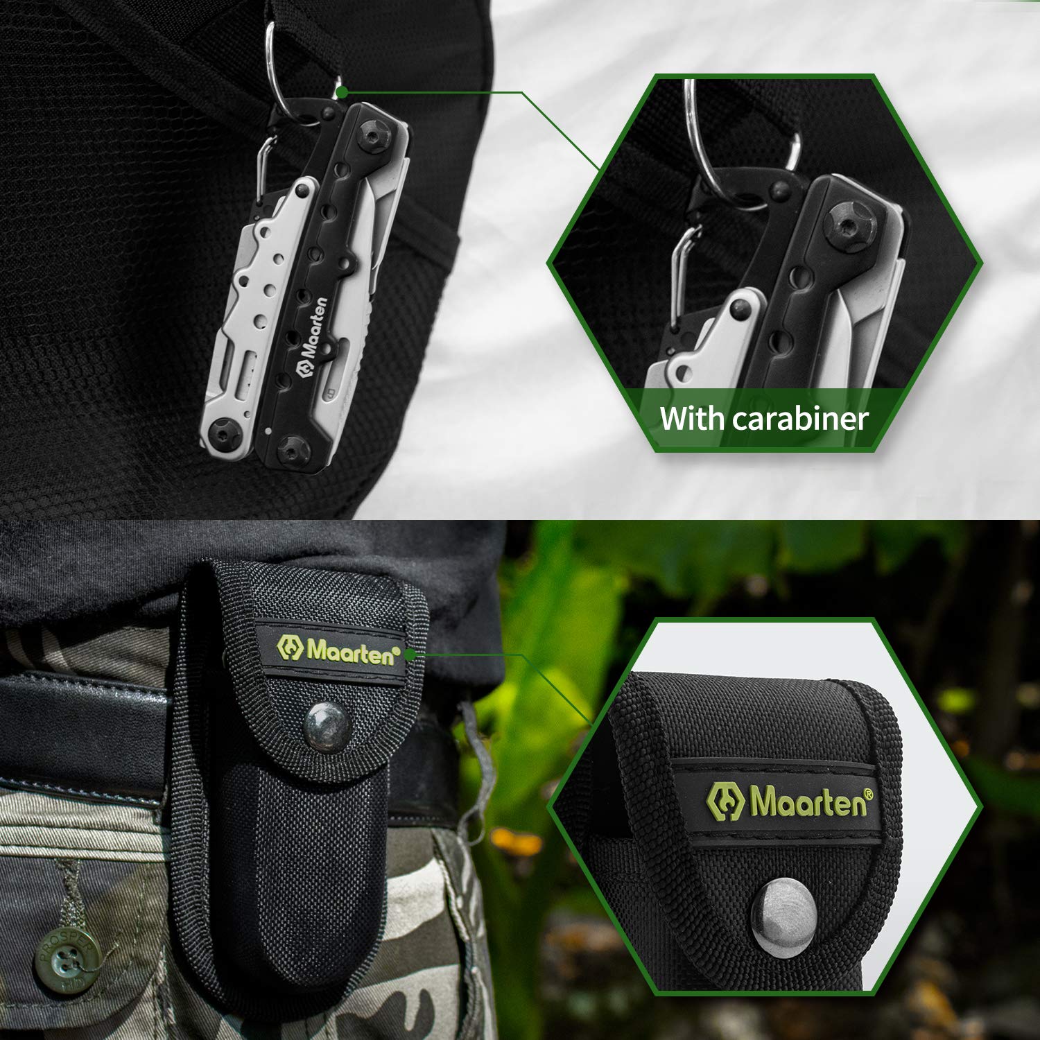 Maarten Multifunktionszange, 11 in 1 Kleines Karabiner Multitool Werkzeug, Faltbares Edelstahl Multifunktionswerkzeug mit Sicherheitsschloss und Nylonscheide, Geschenke für Männer Weihnachtsgeschenke 5